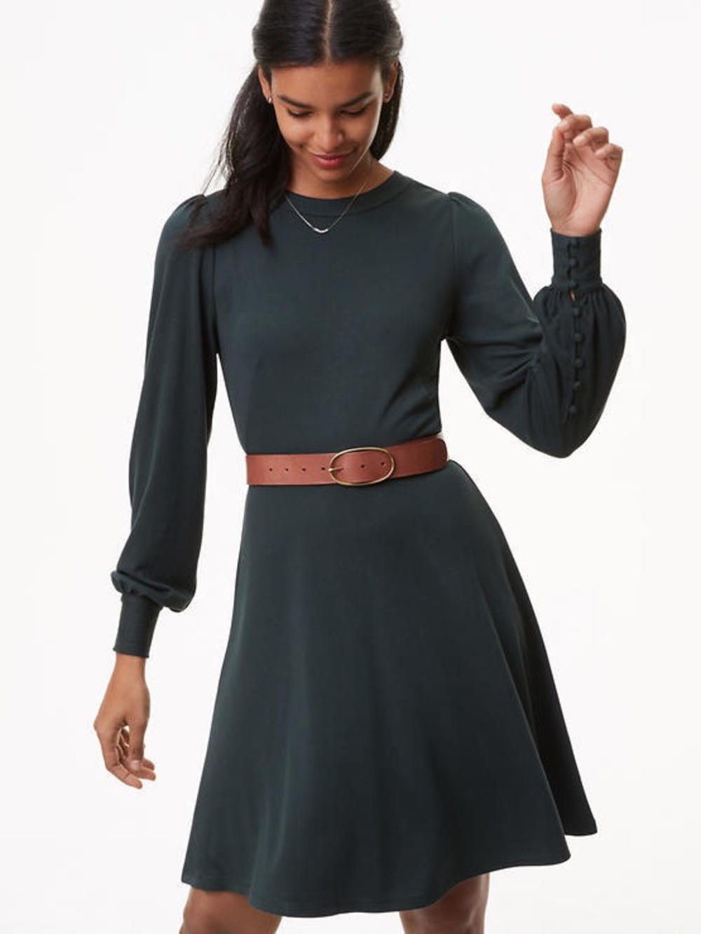 LOFT Dark Green Long-Sleeve A-Line Dress